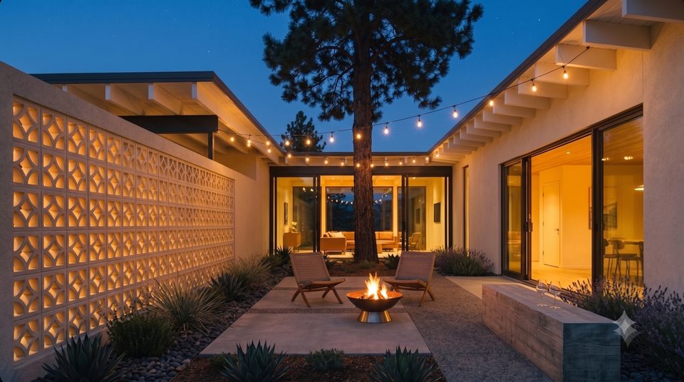 Blue hour. The breeze block glows from the carport side and the court turns into a room.