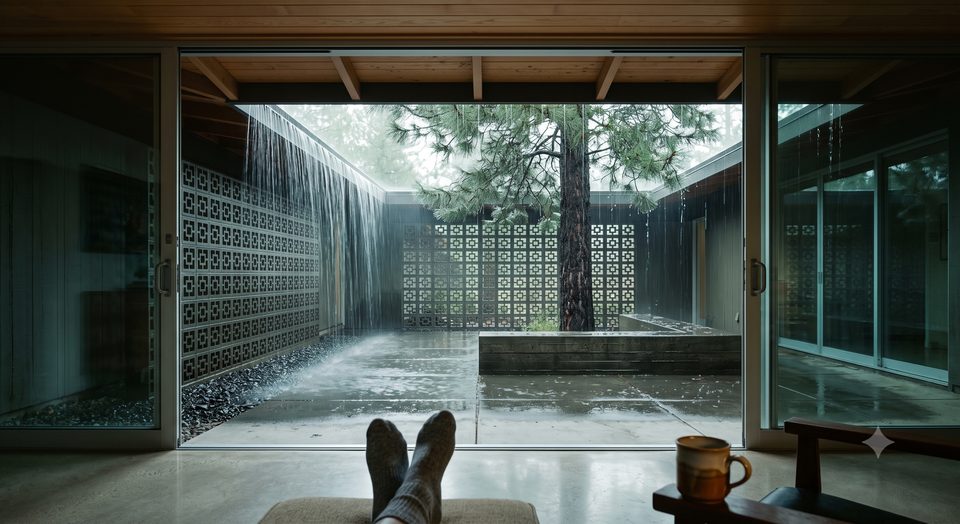Rain comes off the roof in one line. The sliders stay open under the overhang.