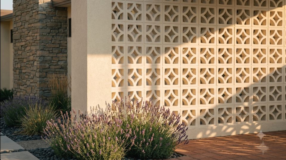 Breeze block, close. A stock concrete unit doing the work of privacy, shade, and pattern at once.