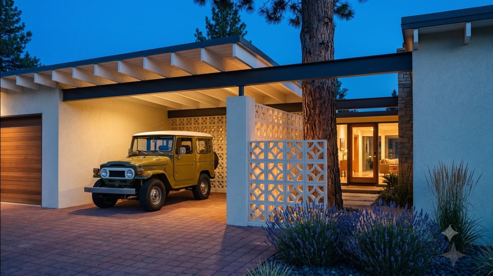 Blue hour under the canopy, where the carport roof and the house roof are the same roof.
