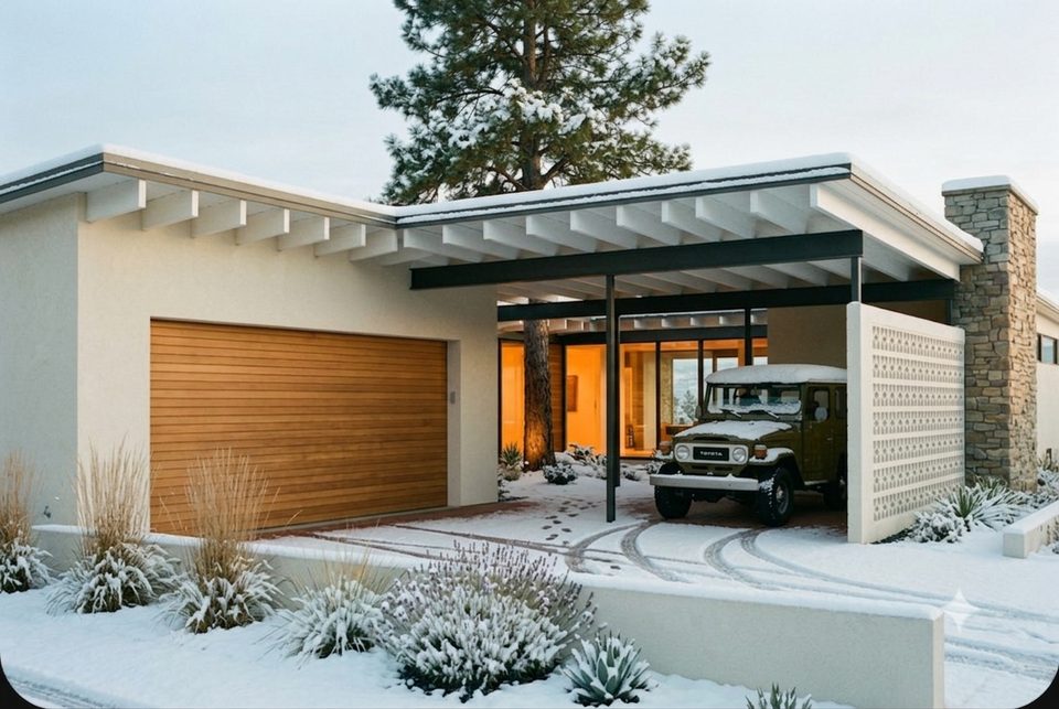 Winter, the truck under cover. A carport is a roof and four posts and it never needs a door.