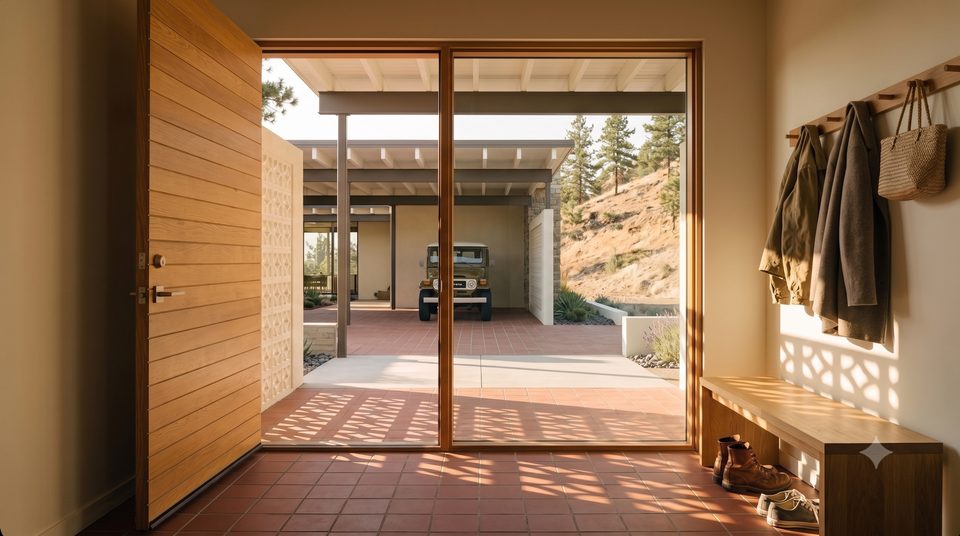 Inside the oak door: brick-red tile, a bench, the court framed straight through to the carport.