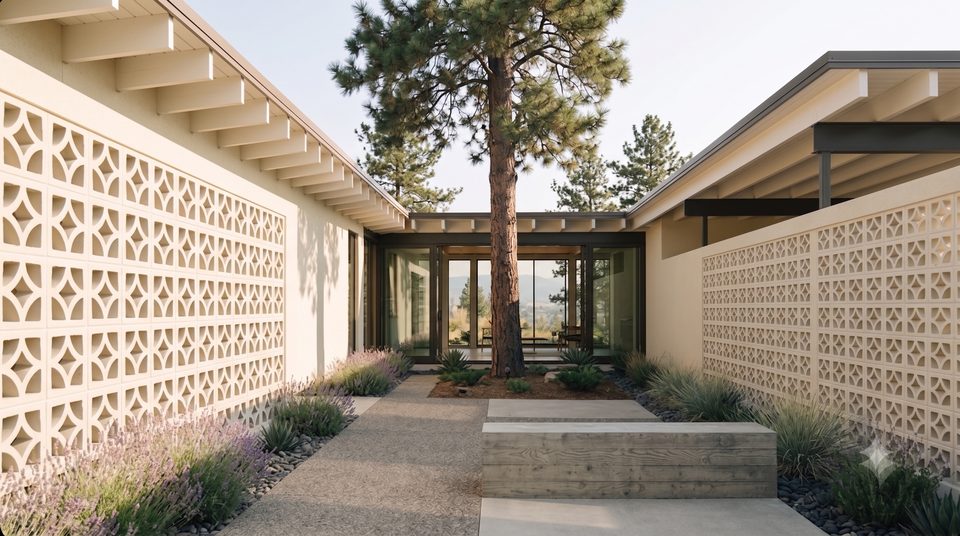 The court is the front yard, moved inside the walls. One pine, hard summer shadow, glass on three sides of it.