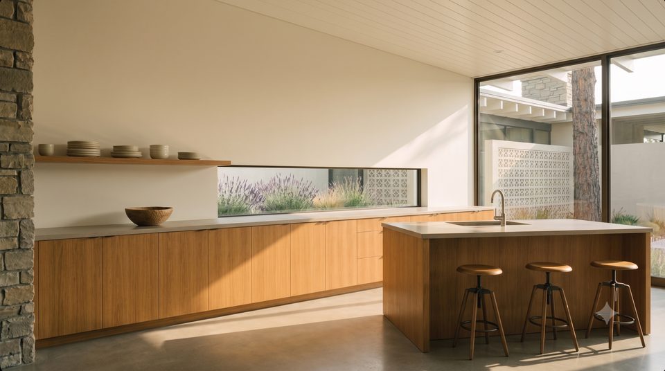 One oak run, no upper cabinets, and a window slot cut at counter height into the lavender.