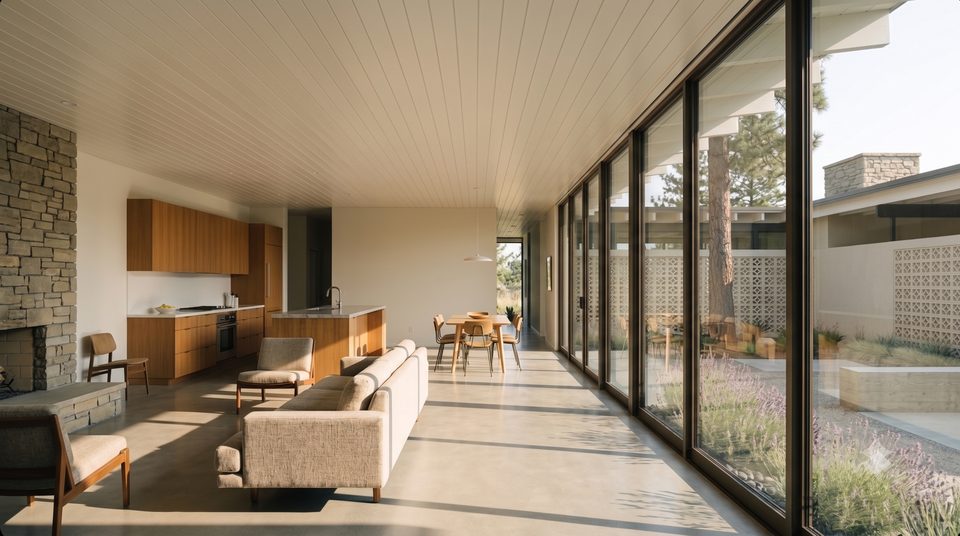 The whole public half in one frame. The plank ceiling runs out past the glass without stepping down.