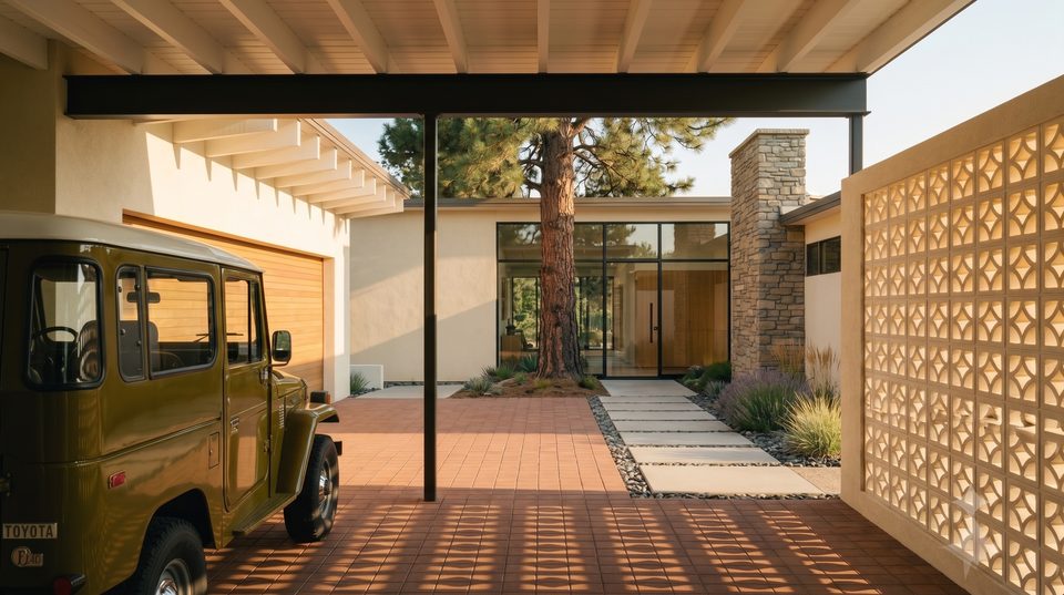 From the street the house gives you a screen wall, a roof plane, and a way through. Nothing else.