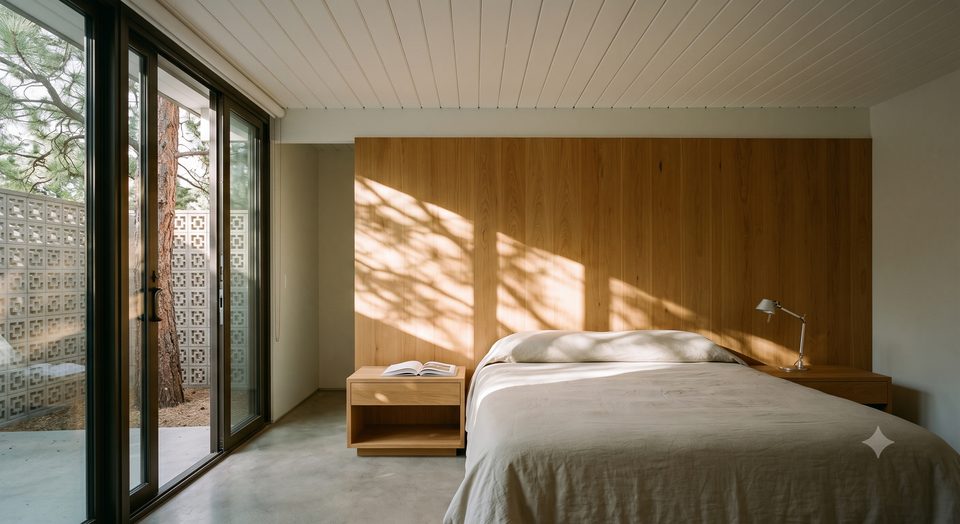Primary: an oak wall, and one wall of glass onto a private edge of the court.