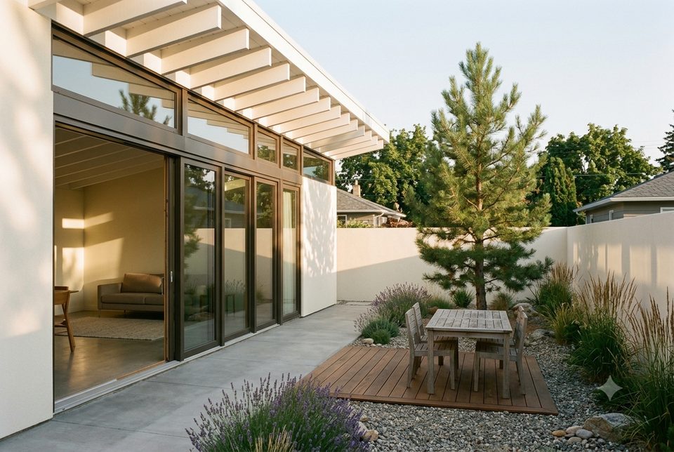 The back: sliders, a flush slab, a pine, a table. This is where the square footage the plan does not have goes.