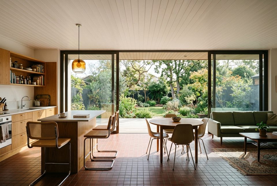 Inside 1,456 sq ft. It feels generous because the plank ceiling runs straight out to the soffit, not because of money.