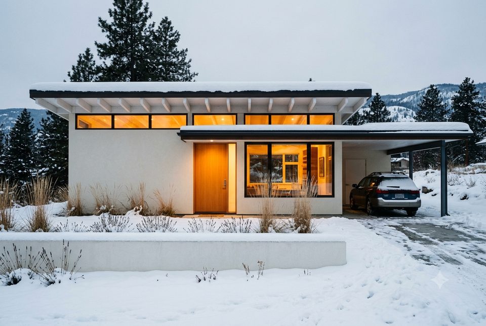 Deep winter on a 33 foot infill lot. A cheap simple house looks its most expensive when all you can see is silhouette and light.