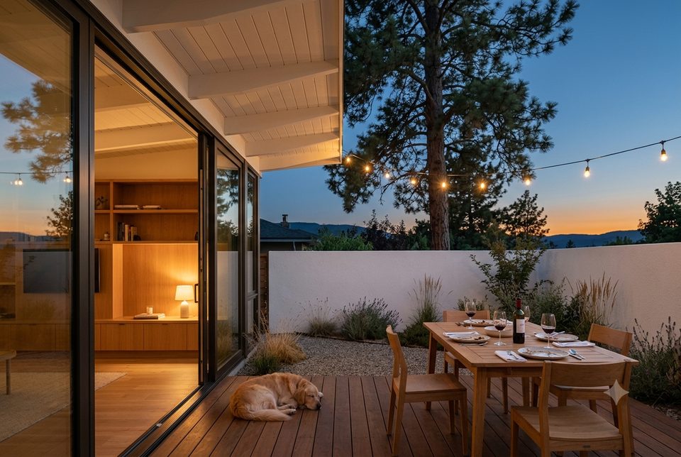 The outdoor room at dusk. Sliders open, string lights, the ceiling running out over the deck.